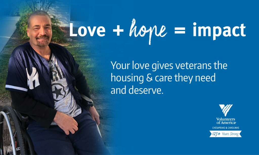 veteran in wheelchair with text encouraging donations